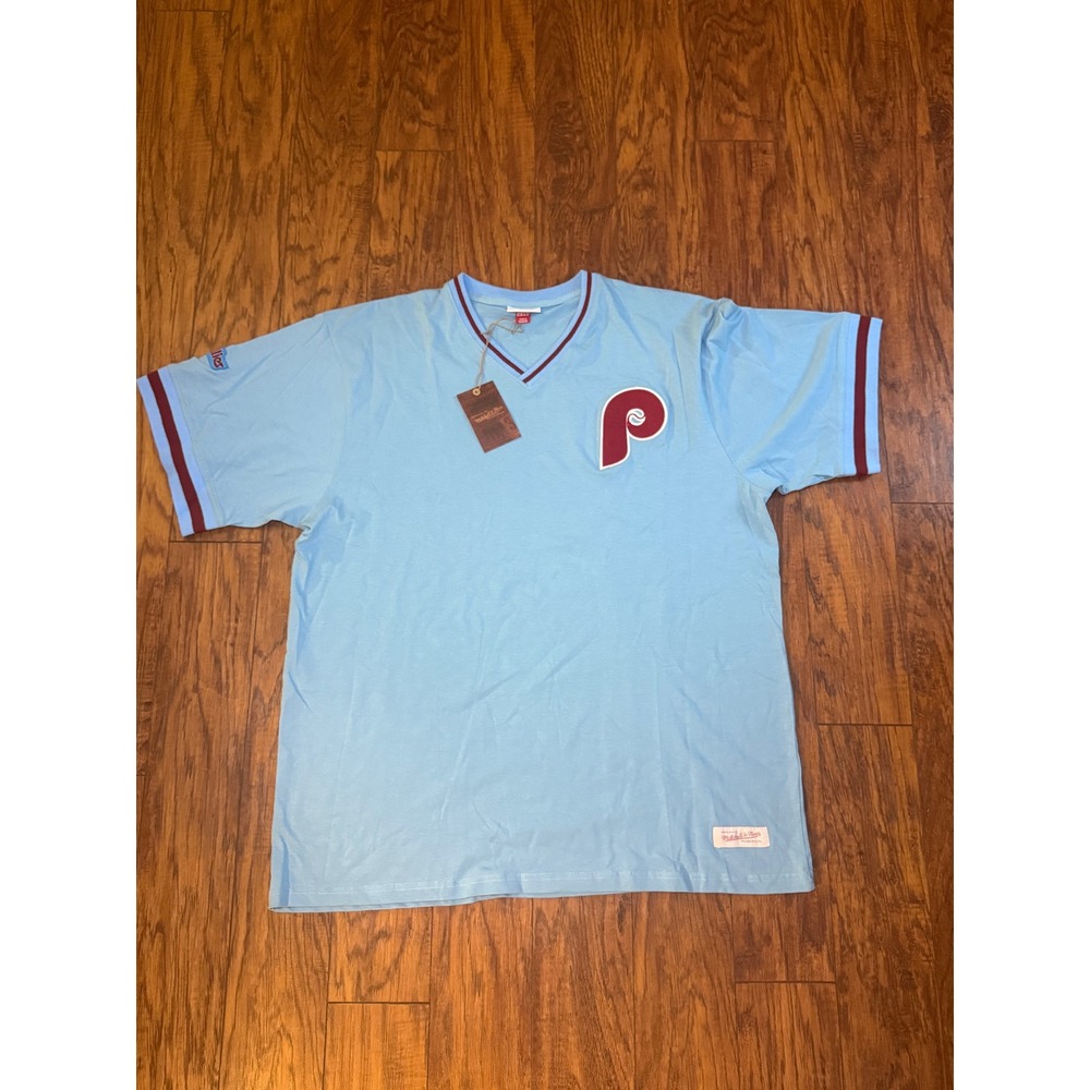 Mitchell & Ness Philadelphia Phillies Powder Blue V-Neck Jersey Shirt Mens 2XLT